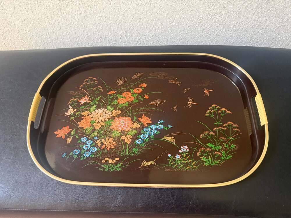 Vintage Toyo Japan Floral Serving Tray with Rattan Handles
